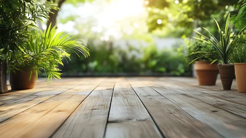 Sunlit timber deck with potted foliage in shallow focus.