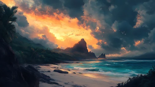 Tropical Sunset Over Rocky Coastal Landscape.