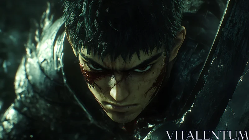 Armored male warrior with bloodied face in close focus.