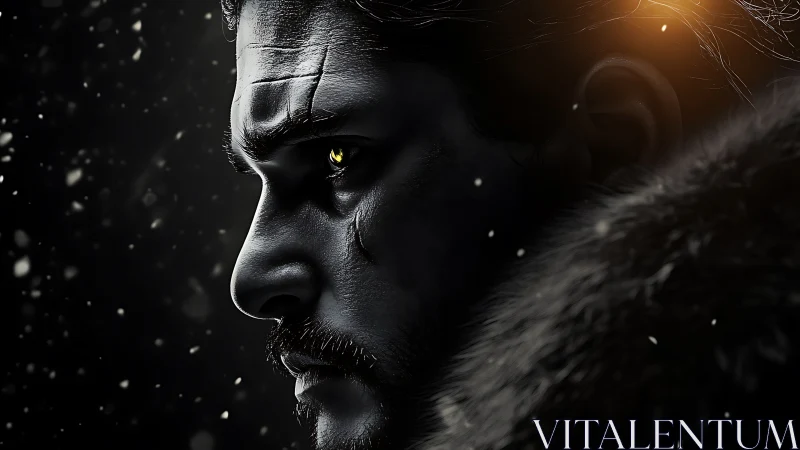 Cinematic warrior profile in dramatic low key side lighting.