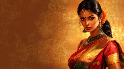 Elegant Indian Woman in Traditional Saree, Digital Art Portrait.