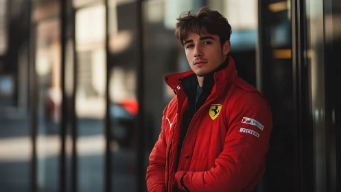 Young man in red Ferrari jacket near glass building.
