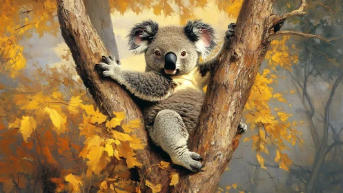Koala clinging to tree amid yellow autumn foliage.