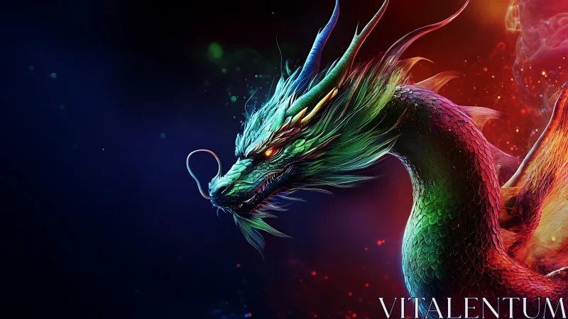 Radiant cosmic dragon coiled in swirling neon firelight.