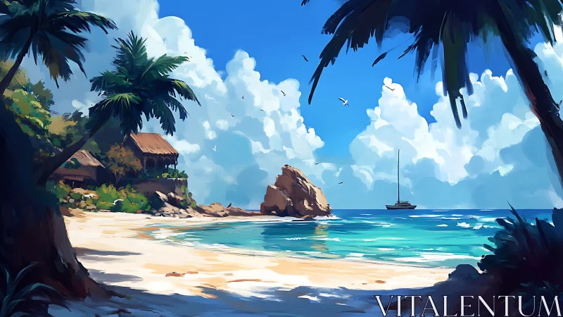 Tropical beach cove with sailboat and palm trees under clear sky.