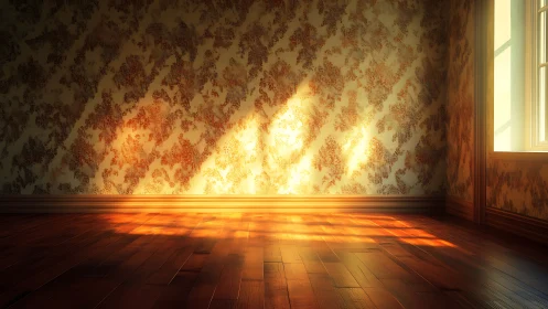 Golden sunlight floods an empty vintage room with quiet warmth