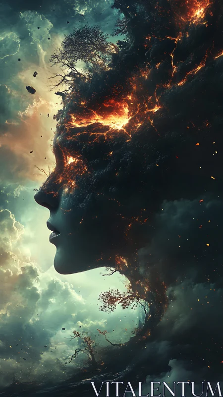 Cosmic elemental face merging cloud, fire, and forest forms.