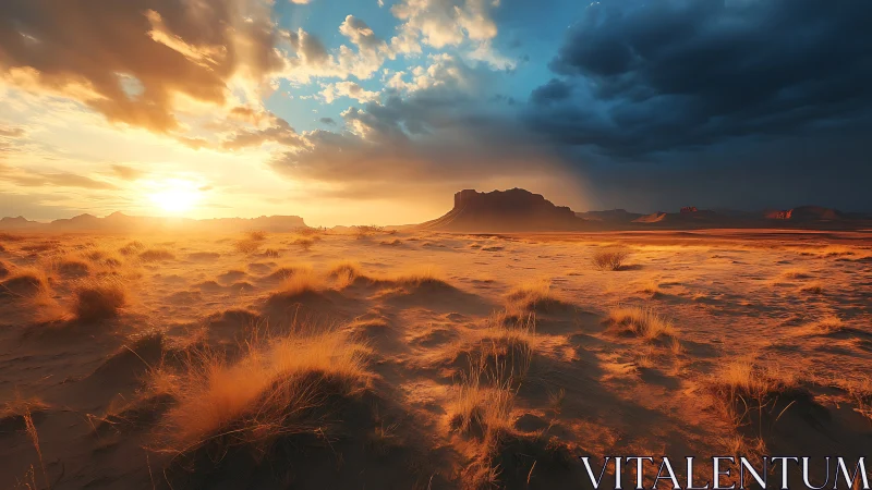Desert plateau under low sun with contrasting storm clouds