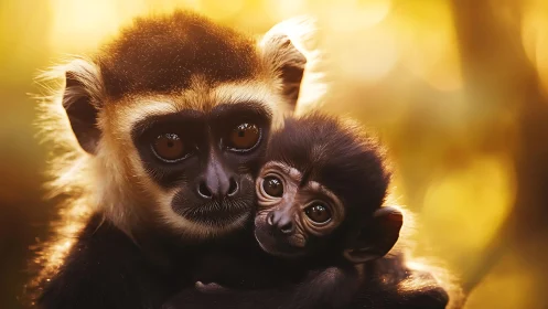 Mother langur cradles infant in warm golden backlight