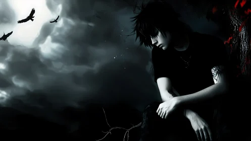 Melancholic boy under moonlit storm sky reflects alone.