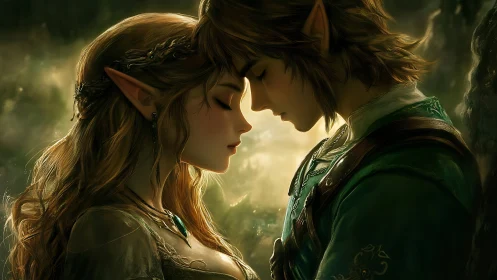 Elven lovers in glowing forest embrace, intimate closeup.