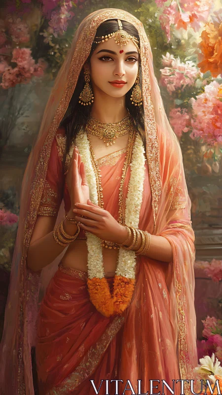 Traditional Indian bride in ornate sari and garland portrait.
