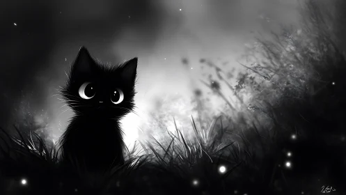 Black Cat in Moonlit Field with Glowing Eyes.