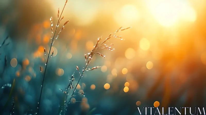 Dew covered grass in warm golden sunrise light.