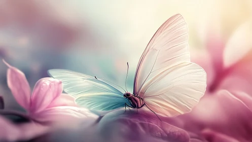 Butterfly rests on petals in soft pastel digital render