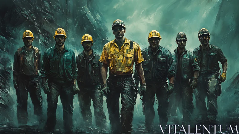 Resolute industrial workers advancing through teal haze.