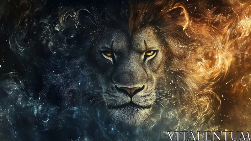 Celestial lion dissolves into twin storms of fire and night