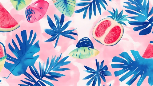 Watercolor tropical foliage and citrus pattern on pastel ground.