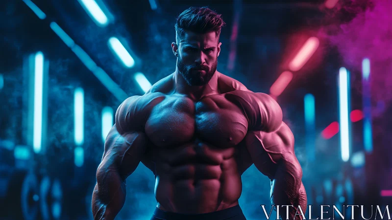 Muscular male bodybuilder stands in neon lit gym interior