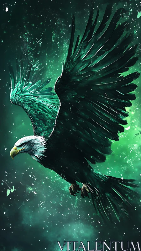 Emerald storm eagle carving through cosmic green skies.