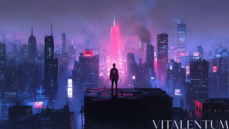 Silhouetted figure overlooking neon magenta cyberpunk skyline.