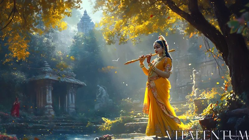 Figure in yellow sari with flute near stone temples at dusk.