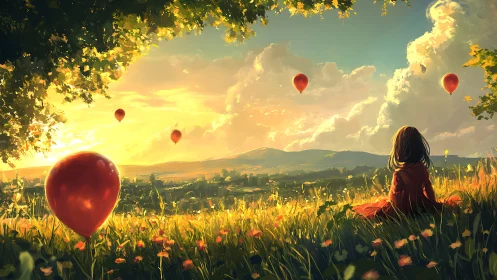 Golden hillside sunset welcomes a girl and drifting balloons