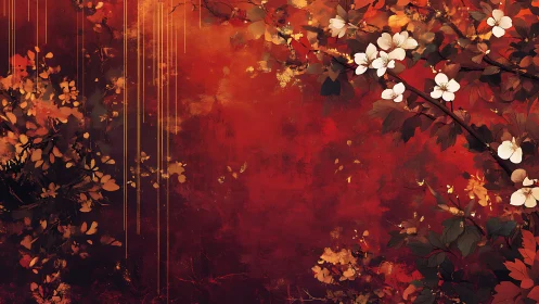Autumn blossoms drifting softly across a glowing red dusk.