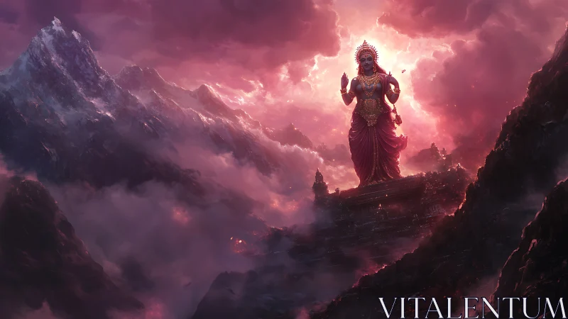 Colossal robed figure stands above mountain temple amid clouds