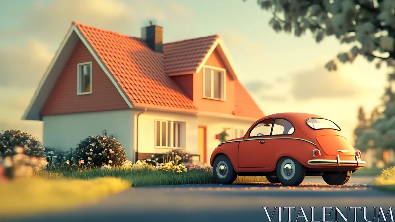Red compact car parked before small suburban house at dusk.