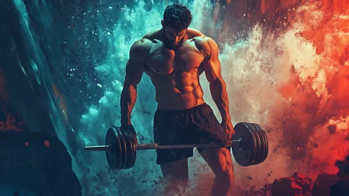 Muscular athlete lifts barbell amid fire and water clash.
