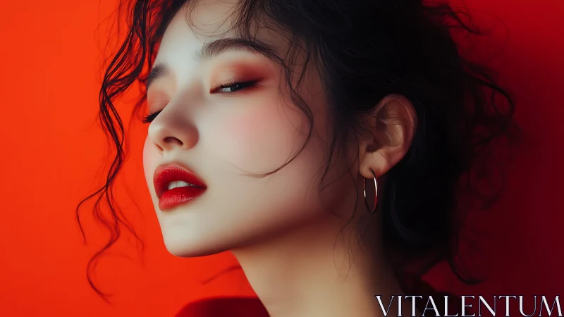 Profile portrait shows stylized female face against red background