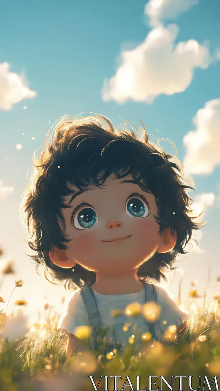 Child in Golden Meadow Under Azure Sky.