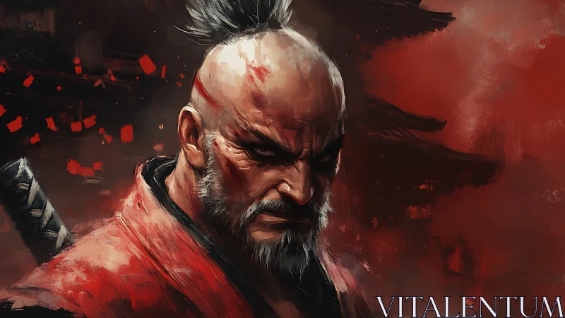 Battle-worn samurai portrait in dynamic red brushwork and harsh lighting