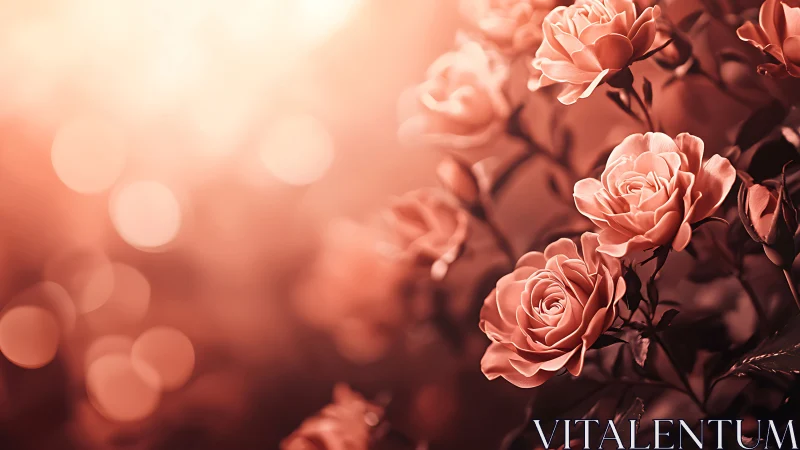 Coral roses bloom under warm golden light with soft bokeh.