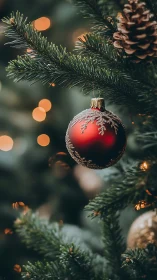 Crimson bauble lingers in a hush of pine and blurred lights