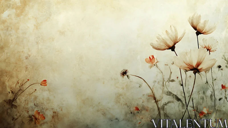 Delicate flowers bloom in a vintage, distressed atmosphere.