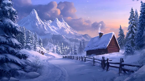 Snow-laden alpine cabin beside winding track at winter dusk