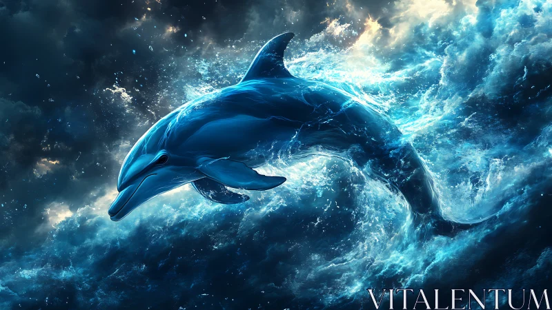Radiant dolphin surfing wild starlit ocean waves.