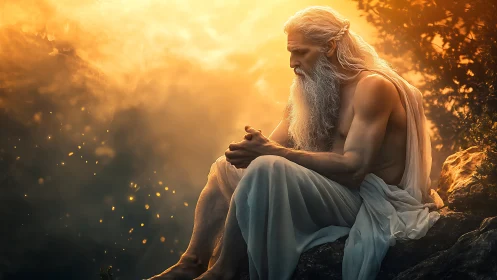 Ancient sage contemplates dawn within molten golden light.