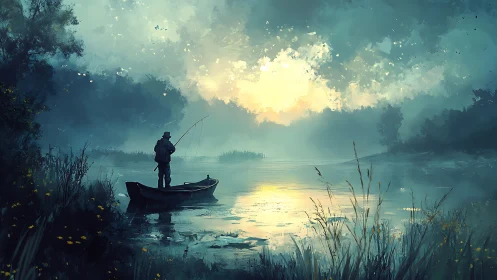 Soft morning light welcomes a lone fisherman on a misty lake