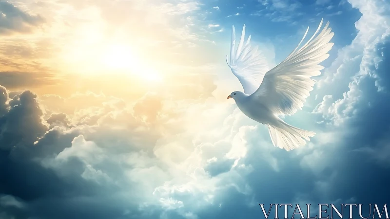 White dove flying through glowing clouds in a serene, ethereal scene.