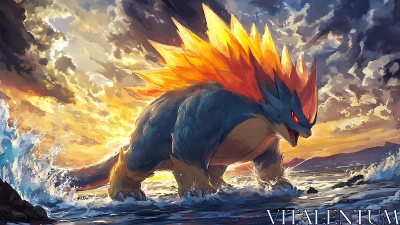 Fiery spined monster strides through rough ocean surf at sunset