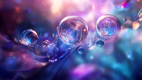 Iridescent fluid spheres drift through neon chromatic void