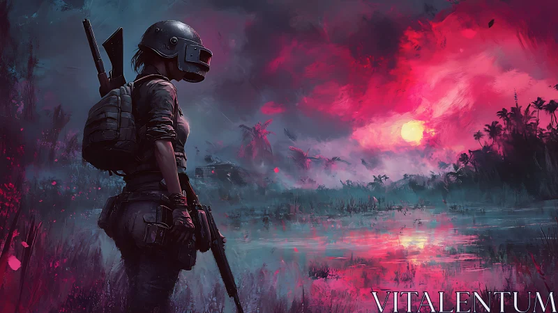 Battlefield sentinel under neon war-torn sunset sky.
