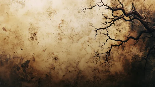 Weathered wall and gnarled tree branch form a stark organic silhouette