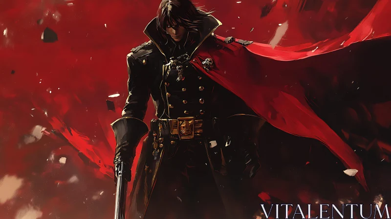 Cloaked figure in military coat stands before red backdrop