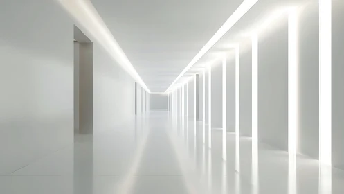 Minimalist white corridor with linear architectural perspective.