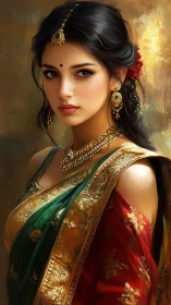 Elegant woman in ornate sari with gold and emerald jewelry.