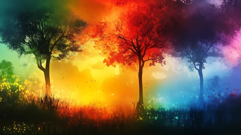 Radiant color-drenched forest glows in a dreamy twilight haze